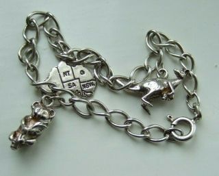 Vintage Solid Sterling Silver Curb Bracelet With 3 Australian Charms 18cms