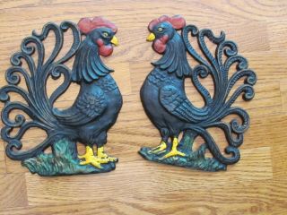 Vintage Cast Iron Roosters 2 Wall Hanging Trivets Painted Americana Farmhouse