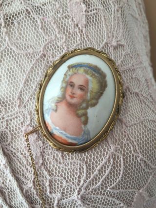 Vintage Limoges Hand Painted Portrait Brooch Of A Lady Brooch