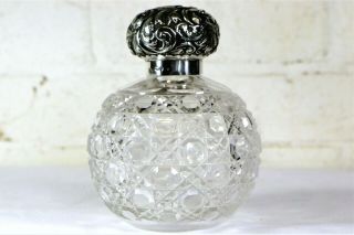Large Victorian Antique Silver Topped Cut Glass Perfume Bottle Late 1800s