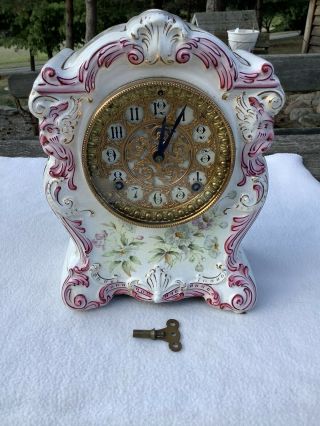 Antique Chemung Ansonia Clock Co Mantle Clock Pink Floral W Key & Pendulum 8 Day
