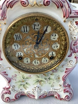 Antique Chemung Ansonia Clock Co Mantle Clock Pink Floral W Key & Pendulum 8 Day 2