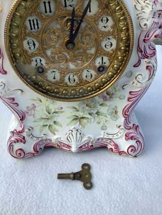 Antique Chemung Ansonia Clock Co Mantle Clock Pink Floral W Key & Pendulum 8 Day 3