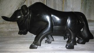Vintage Hand Carved Onyx Bull Marble Black Xl 7 " Tall Mexico Figurine Sculpture.
