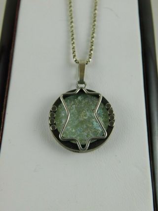 Vintage Sterling Silver 925 Roman Glass Pendant Necklace 18 " Chain