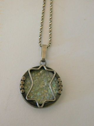 Vintage sterling silver 925 Roman glass pendant necklace 18 