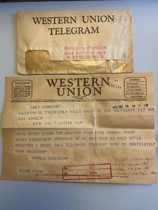 Vintage 1948 Western Union Telegraph Beverly Hills To Wolfe City Texas Tx