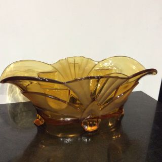 Art Deco Amber Pressed Glass Trough Boat Vase Vintage Pretty 2