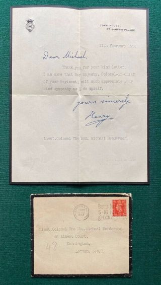 Antique Signed Mourning Letter Prince Henry Death King George Vi Queen Elizabeth