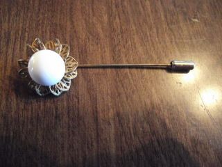 Elegant Vintage Signed Miriam Haskell White Glass Center Gold Plated Stick Pin