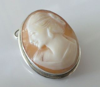 Fine Lovely Vintage 800 Silver & Carved Cameo Shell Pin Brooch 4.  5g