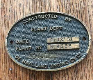 De Havilland Engine Co Ltd Brass Plate Aircraft Engine Id ? Post Ww2
