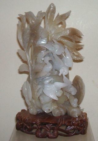 Vintage Chinese Jade Hardstone Carved Birds And Clams On Lotus Flower Wood Stand