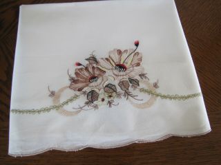 Vintage Single Pillowcase Embroidered Garland Of Tan & Brown Poppies Exquisite