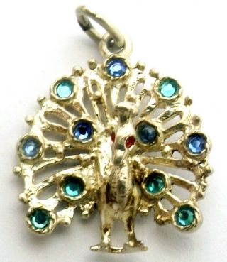 Peacock Vintage Sterling Silver Charm Three Dimensional With Small Blue Stones