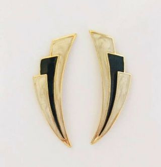 Vintage Gold Plated Stud Drop Earrings 1980’s Black/cream Enamel Art Deco Style