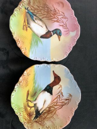 Antique Painted Coronet Limoges French Signed Max Duck Game Bird Plate Pair