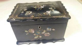 Antique Papier Mauche Tea Caddy Box,  Mother Of Pearl Inlay