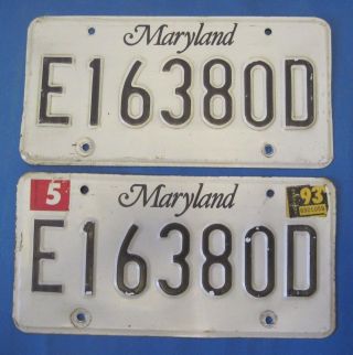 1993 Maryland License Plates Matched Pair