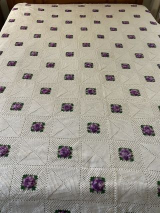 Gorgeous Vintage Handmade Hand Crochet 3 - D Flowers Afghan Bed Coverlet 84x 96 "