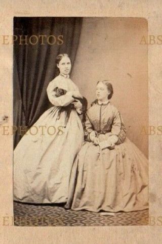 Old Cdv Size Albumen Photo On Paper Young Girls With Pet Dog Vintage Garb C.  1860