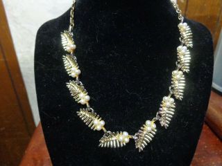 Vintage Gold Tone Coro Leaf Necklace With Pearl Accents Estate Find