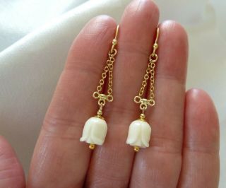 Vintage Art Deco Solid Silver Gilt Carved White Coral Earrings