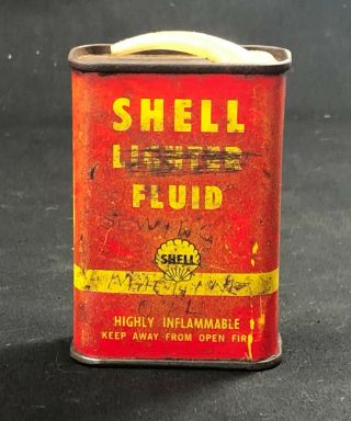 Vintage Shell Lighter Fluid Can Oil Tin Pourer Metal Petrol Garage Old