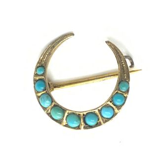 Antique Victorian Silver Gilt Natural Turquoise Crescent Moon Brooch 23