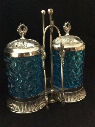 Antique Meriden B Company Quadruple Plate Dual Blue Glass Pickle Castors.