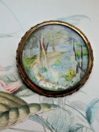 Thomas L Mott Pretty Vintage Hand Painted Miniature Woodland Scene Brooch Pin