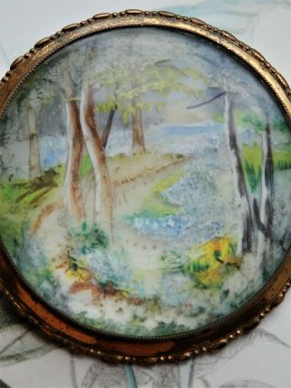 Thomas L Mott Pretty Vintage Hand painted Miniature Woodland Scene Brooch Pin 2