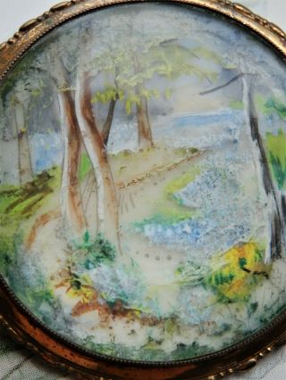 Thomas L Mott Pretty Vintage Hand painted Miniature Woodland Scene Brooch Pin 3