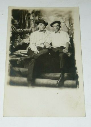 Vintage Old Rppc Real Photo Postcard Two Brothers Men Boys