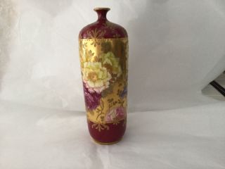 Antique Royal Bonn Maroon Vase Roses With Hand Painted Gold And Highlights