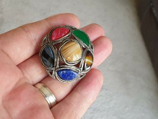 Vintage Miracle Jewellery Scottish Celtic Banded Agate Silver Plaid Brooch Pin