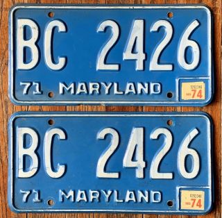 Vintage Pair 1971 1974 Maryland Md License Plates Bc 2426,  Blue & White