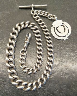 Old Vintage Heavy Silver Graduated Curb Link Albert Pocket Watch Chain & Fob 66g