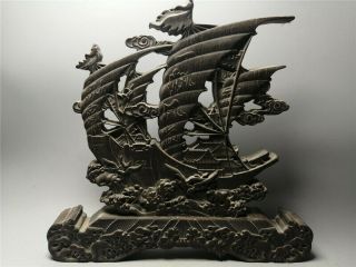 10.  63 " Chinese Exquisite Ebony Wood Hand - Carved Sailboat Screen Statue