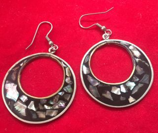 Alpaca 925 Mexico Marked Silver & Black W Abalone Shell 2.  5” Earrings Vtg