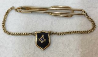 Tie Bar Clip Clasp Gold Tone Swank G Monogram Mason Masonic Chain Drop Vintage
