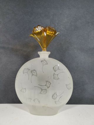 Rare Vintage Frosted Bottle With Floral Pattern & Gold Glass Flower Stopper 71/2