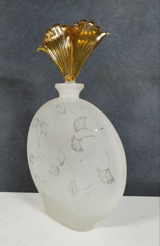Rare Vintage Frosted Bottle with Floral Pattern & Gold Glass Flower Stopper 71/2 2