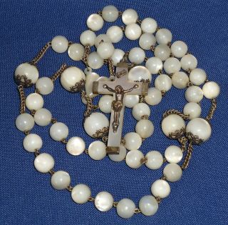 French Antique Catholic Mother Of Pearl Sterling Silver Rosary Bead Necklace