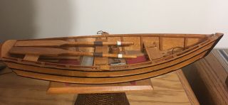 Vintage Minature Wooden Row Boat With Oars 13” Long On Stand