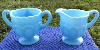 Vintage Small Aqua Sky Blue Creamer & Sugar Bowl Milk Glass Set Pair