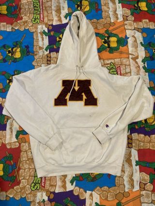 Rare Vtg White Champion Eco University Of Minnesota Hooded Sweatshirt Hoodie L