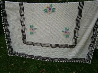 Vintage White & Pastel Floral Chenille Bedspread Full Size 108 " X 86 "