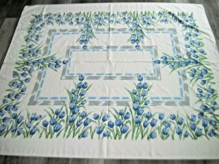 Vintage Cotton Tablecloth W/scads Of Blue Tulips 51 X 61