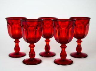 Imperial Old Williamsburg Ruby Red Water Goblet Glasses Set Of 5 Vintage Glass